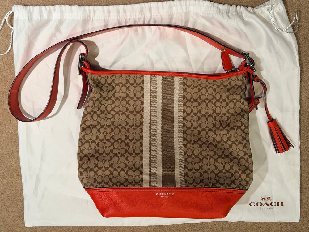 Coach Signature Stripe Hobo Shoulder Bag Canvas Orange Leather Tasse L1371-29621